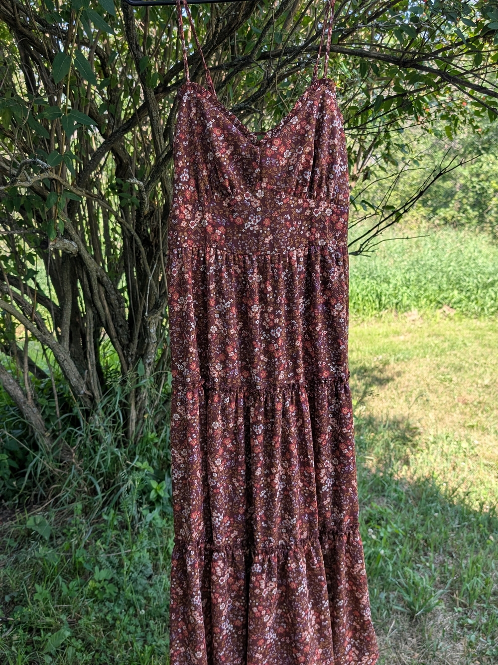 Trixxi Brown Floral Tiered Maxi Dress with Spaghetti Straps